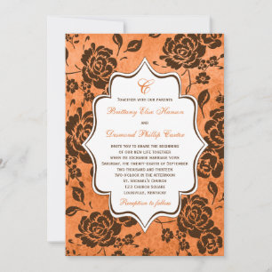 Orange and Brown Floral Damask Wedding Invitation