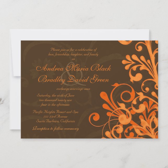 Orange and Brown Floral Fall Wedding Invitation (Front)