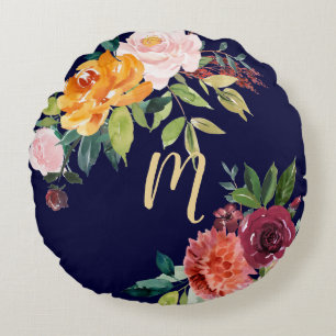 Orange and Burgundy Flowers on Navy   Monogram Round Cushion