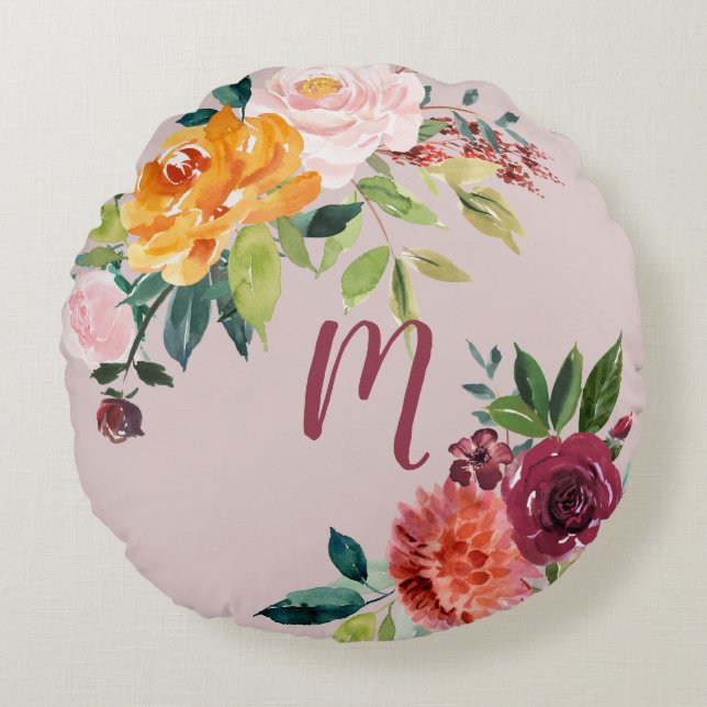 Orange and Burgundy Flowers on Pink | Monogram Round Cushion (Front)