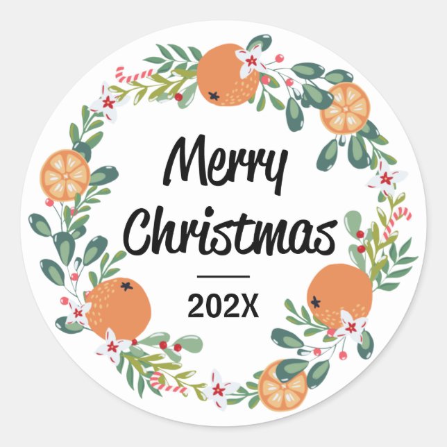 Orange and Candy Cane Merry Christmas Wreath Classic Round Sticker (Front)