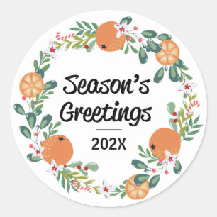 Orange and Candy Cane Season's Greetings Wreath Classic Round Sticker