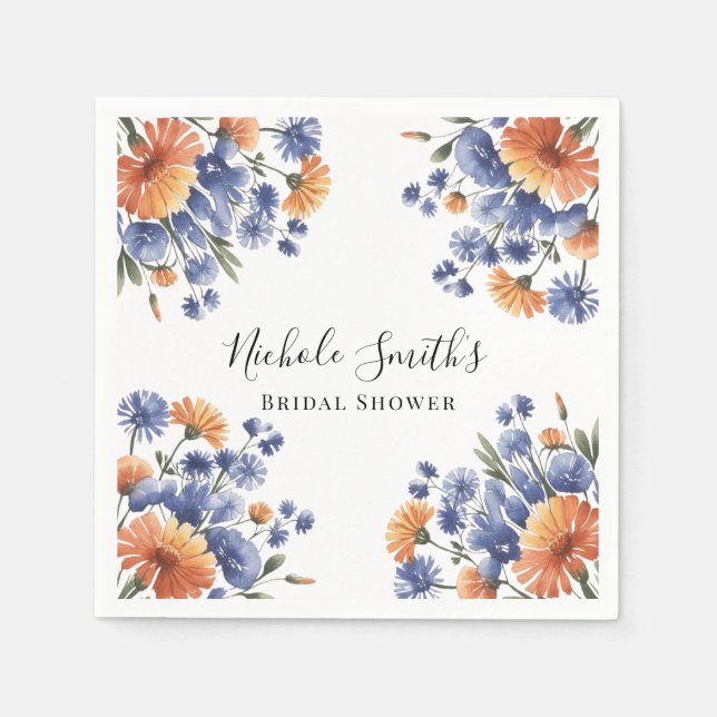 Orange and Cobalt Blue Floral Bridal Shower Napkin (Front)