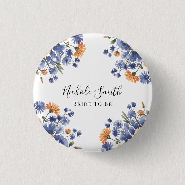 Orange and Cobalt Blue Floral Bride To Be 3 Cm Round Badge (Front)