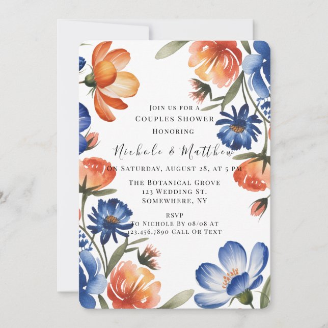 Orange and Cobalt Blue Floral Couples Shower Invitation (Front)