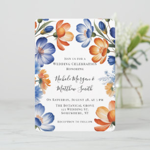 Orange and Cobalt Blue Floral Wedding Celebration Invitation