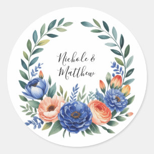 Orange and Cobalt Blue Floral Wedding Classic Round Sticker