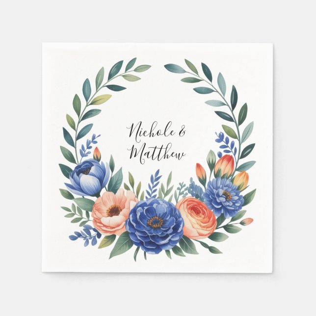 Orange and Cobalt Blue Floral Wedding Napkin (Front)