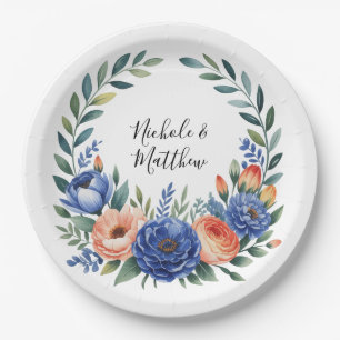Orange and Cobalt Blue Floral Wedding Paper Plate