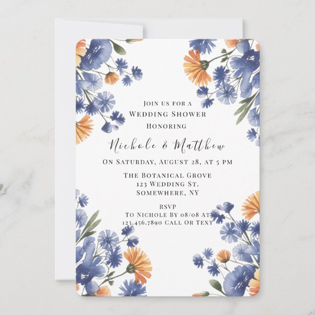 Orange and Cobalt Blue Floral Wedding Shower Invitation (Front)