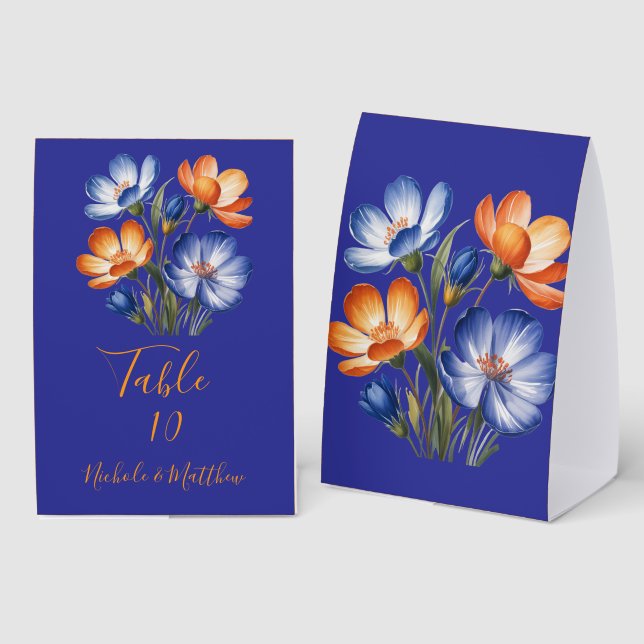 Orange and Cobalt Blue Floral Wedding Table Number (Front/Back)