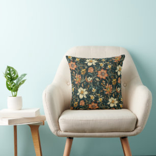 Orange and Cream Floral Botanical Pattern Cushion