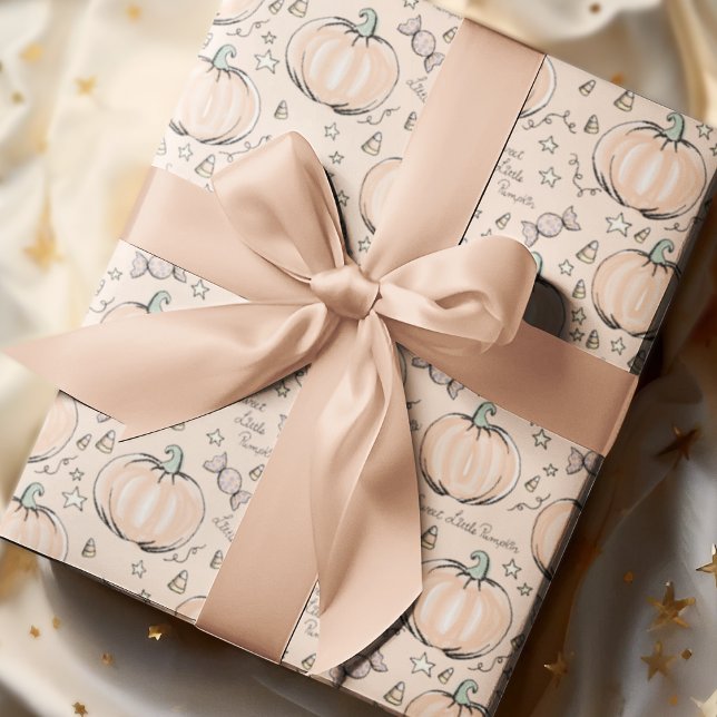 Orange and Cream Sweet Little Pumpkin Baby Wrapping Paper (Adorable Baby Halloween Illustrations Hand-drawn by Nathalie Portet. Soft Pastel Cream Background. )