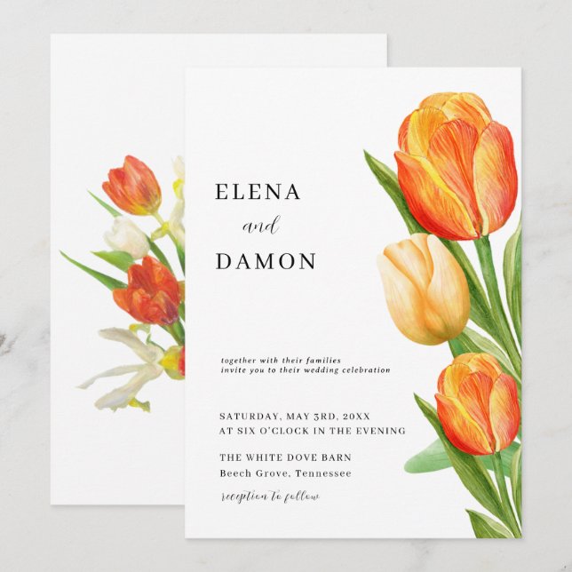 Orange and Cream Tulip Wedding Invitation (Front/Back)