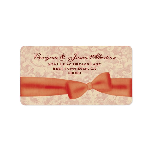 Orange and Ecru Bow and Damask A01 Wedding Label (Front)