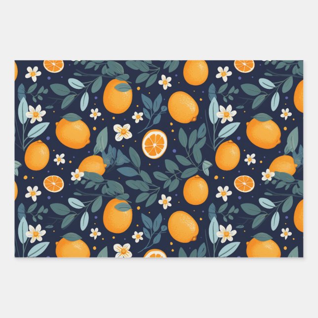 Orange and Floral Delight Pattern Wrapping Paper Sheet (Front)