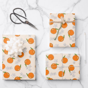 Orange and Flower Pattern Wrapping Paper Sheet