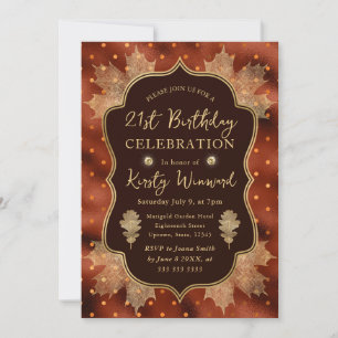 Orange and Gold Autumn Fall Leaves 21st Birthday Invitation