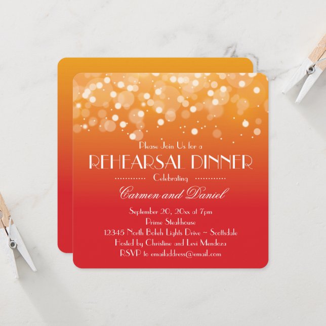 Orange and Gold Bokeh Lights Rehearsal Dinner Invitation (Front/Back In Situ)