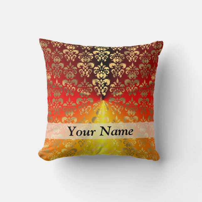 Orange and gold  damask pattern cushion (Front)