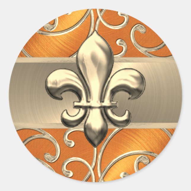 Orange and Gold Filigree Swirls Fleur de Lis Classic Round Sticker (Front)