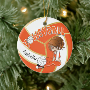 Orange and Gold Girl Volleyball Ceramic Tree Decoration