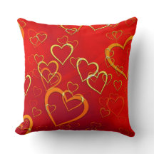 Orange and Gold Hearts on Red Throw Pillow