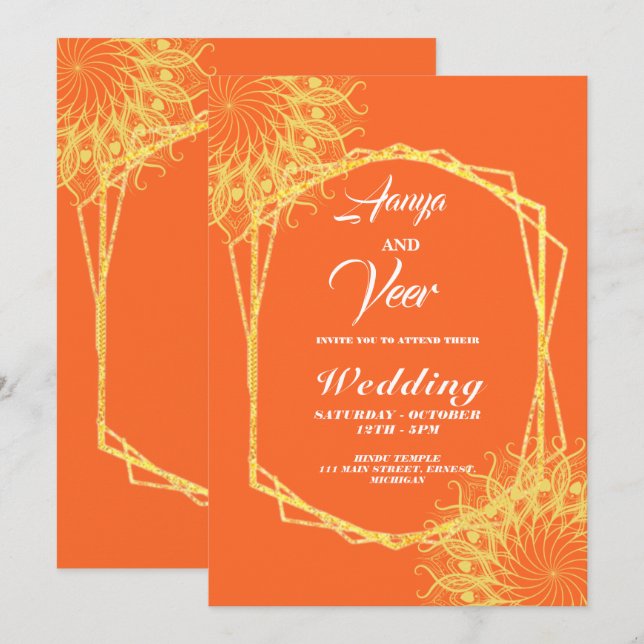 orange and Gold Peacock Indian Wedding Invitation (Front/Back)