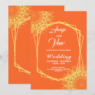 orange and Gold Peacock Indian Wedding Invitation