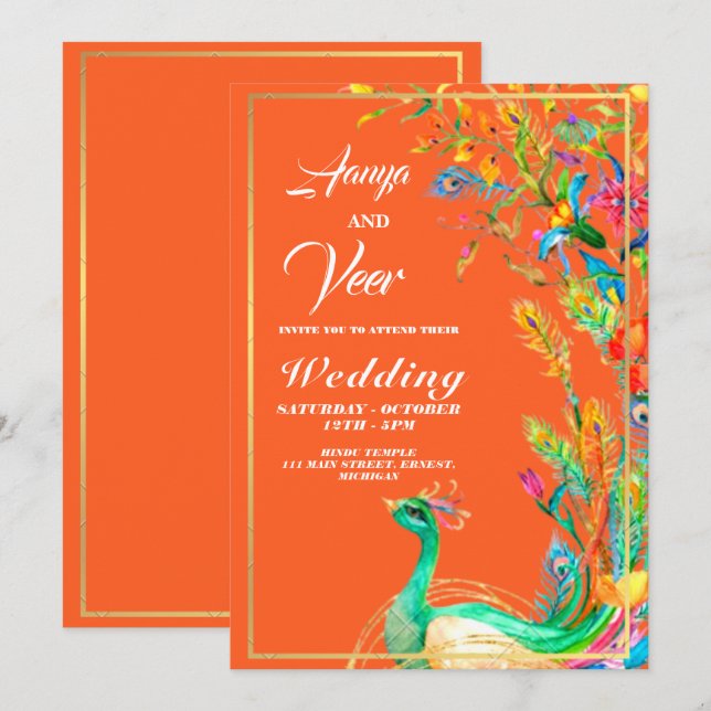 orange and Gold Peacock Indian Wedding Invitation (Front/Back)