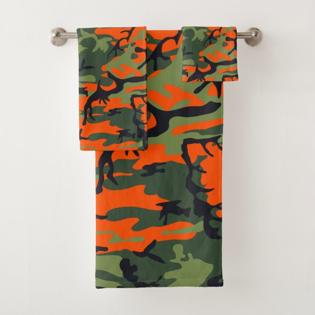 Orange and Green Camouflage, Military, Army Bath Towel Set (Insitu)