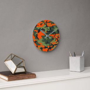 Orange and Green Camouflage, Military, Army Round Clock