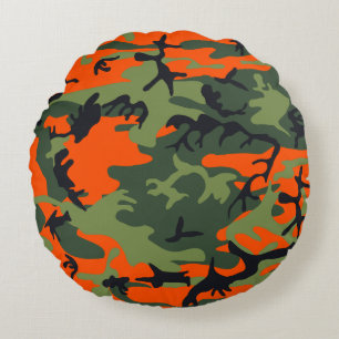 Orange and Green Camouflage, Military, Army Round Cushion