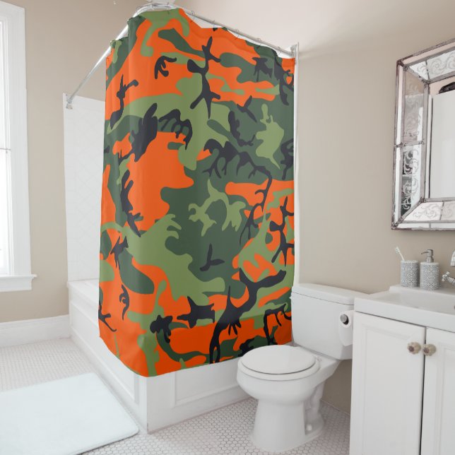 Orange and Green Camouflage, Military, Army Shower Curtain (In Situ)