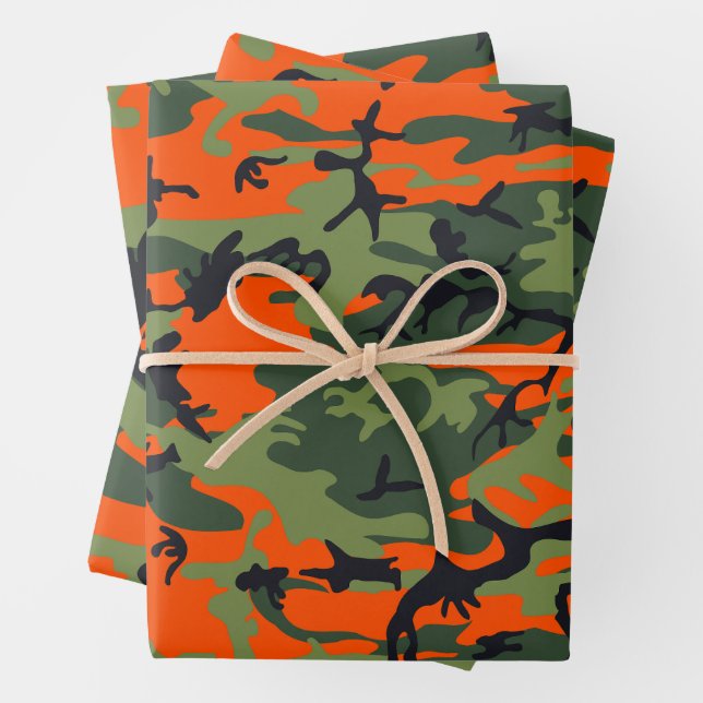 Orange and Green Camouflage, Military, Army Wrapping Paper Sheet (In situ)