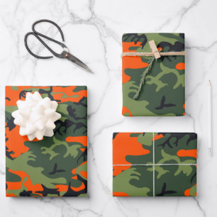 Orange and Green Camouflage, Military, Army Wrapping Paper Sheet