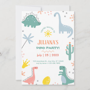 Orange And Green Childish Dinosaur Birthday  Invitation