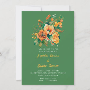 Orange And Green Floral Bouquet Green Wedding Invitation