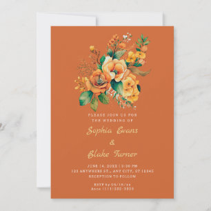 Orange And Green Floral Bouquet Orange Wedding Invitation