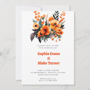 Orange and Green Floral Bouquet White Wedding Invitation