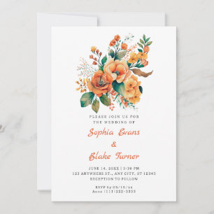 Orange And Green Floral Bouquet White Wedding Invitation