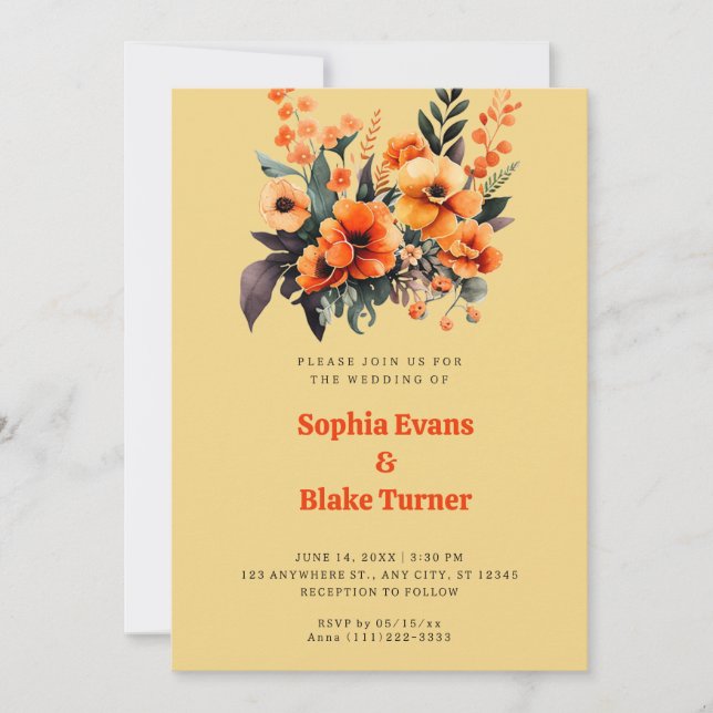 Orange and Green Floral Bouquet Yellow Wedding Invitation (Front)