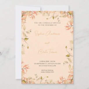 Orange and Green Floral Leaves Cream Wedding Invitation