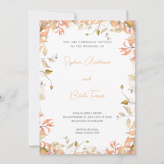 Orange and Green Floral Leaves White Wedding Invitation (Front)