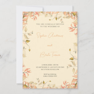 Orange and Green Floral Leaves Yellow Wedding Invitation