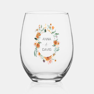 Orange and Green Floral Wedding Stemless Wine Glass