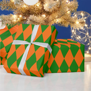 Orange and Green Harlequin Checkered Design Wrapping Paper