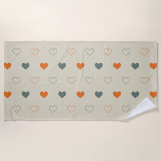 Orange and Green Heart Grid Pattern Beach Towel