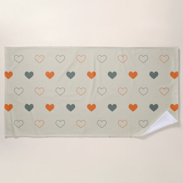 Orange and Green Heart Grid Pattern Beach Towel (Front)
