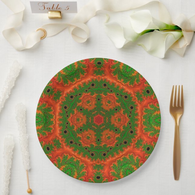Orange and Green Kaleidoscope Paper Plates (Wedding)